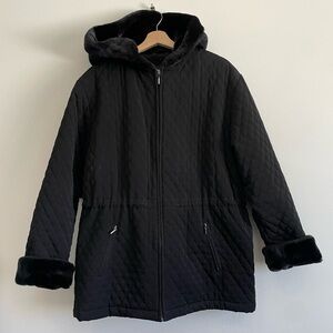Vintage Fennelli Black Quilted  Style Coat with Fur Trim Sleeves and Hood